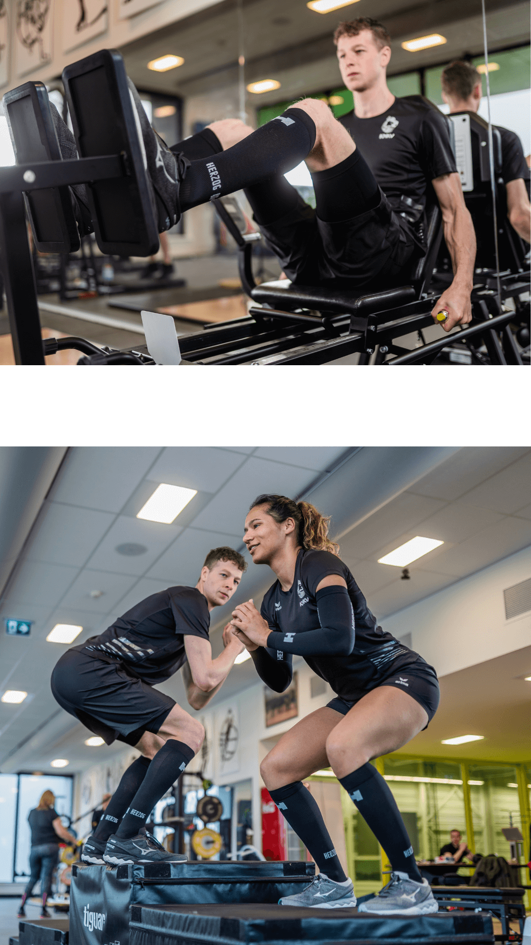 Harjan Visscher op legpress en Harjan samen met dame boxjumps aan het doen beide in de sportschool.